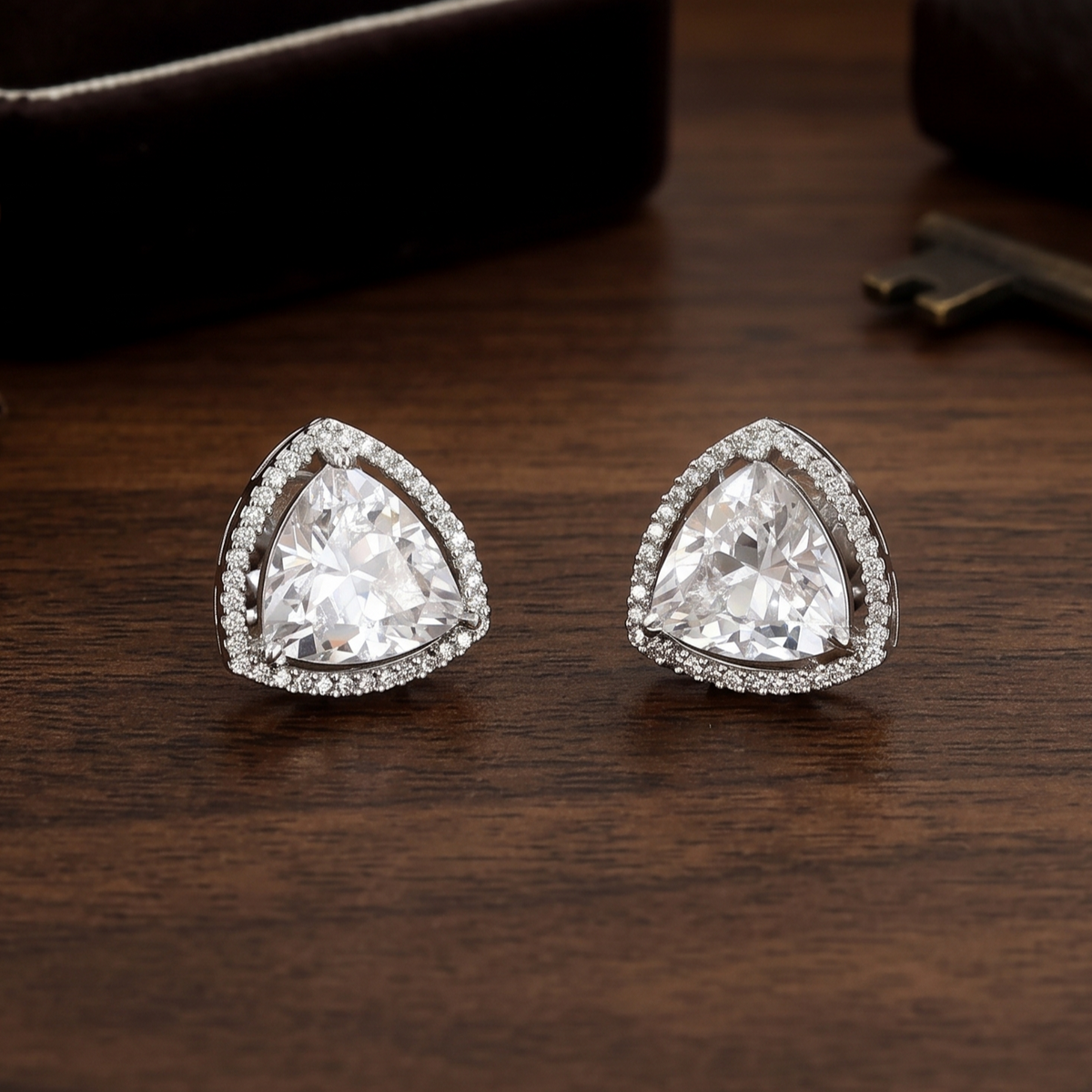 Silver Trillion Cut Solitaire Halo Stud Earrings