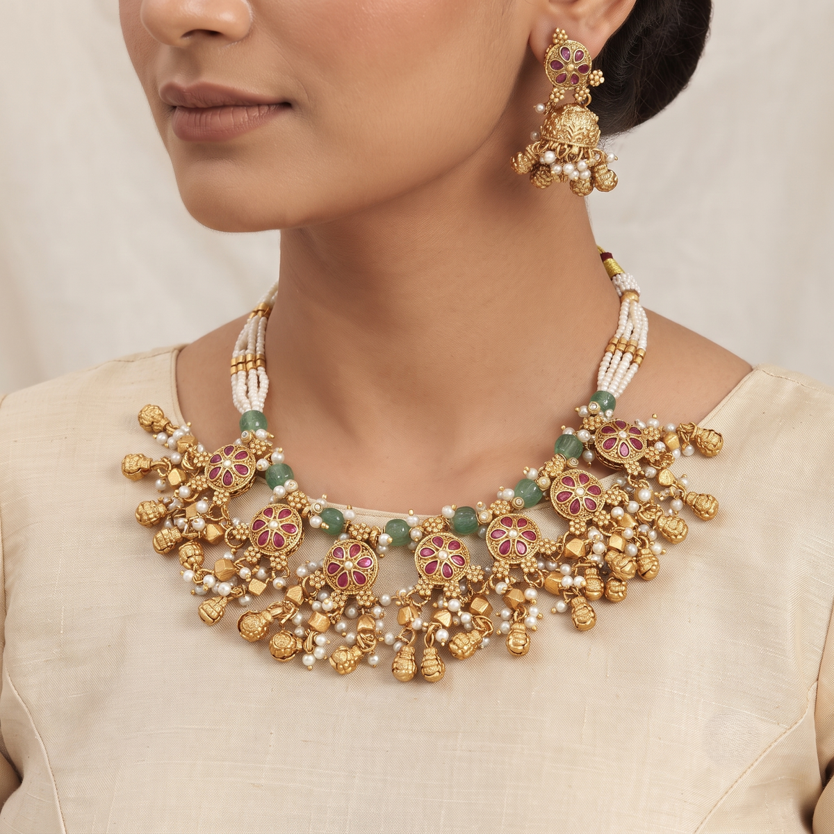 Traditional Gold-Plated Pearl & Stone Choker Necklace Set