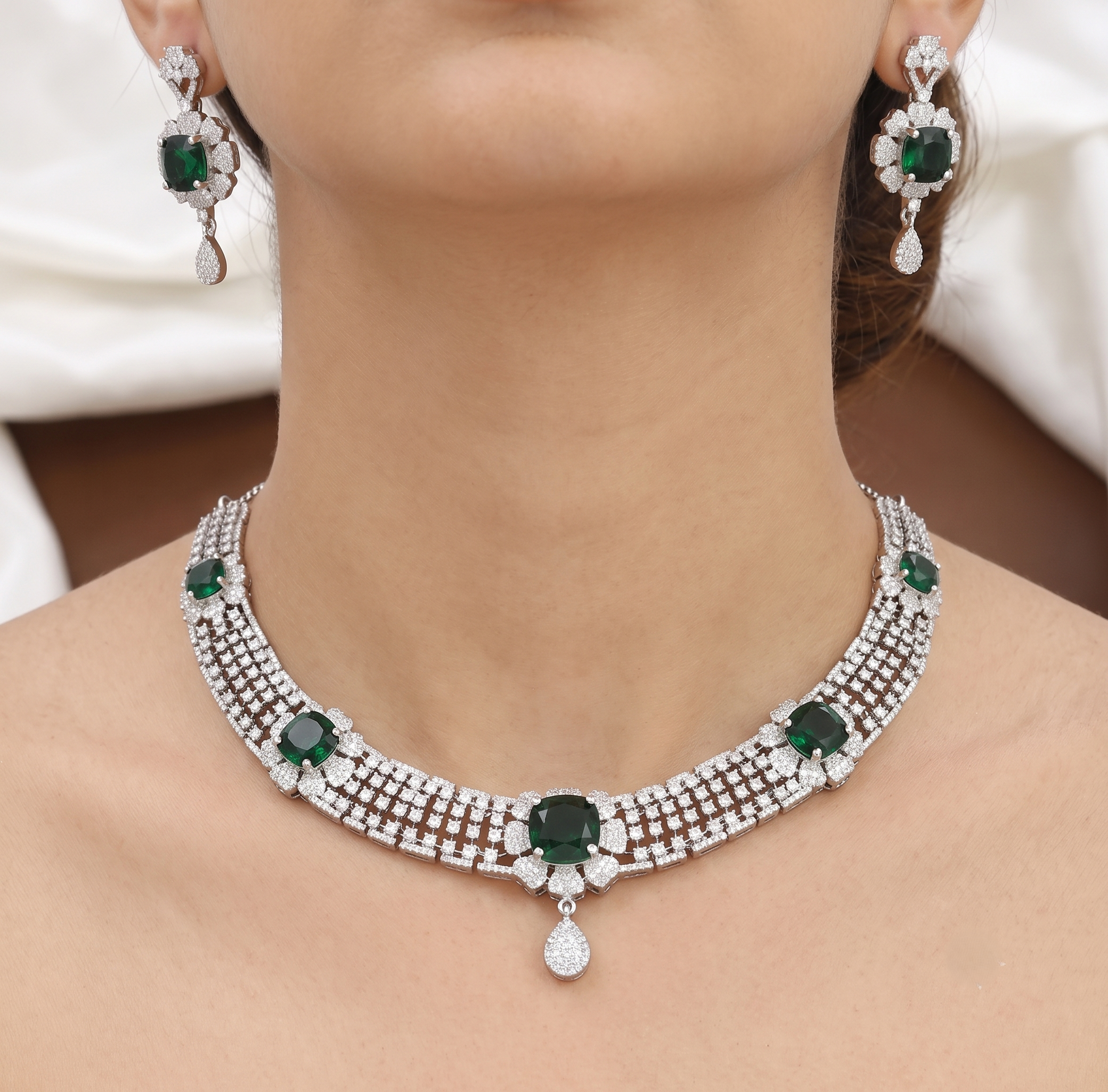 Silver CZ & Green Stone Choker Diamond Necklace Set
