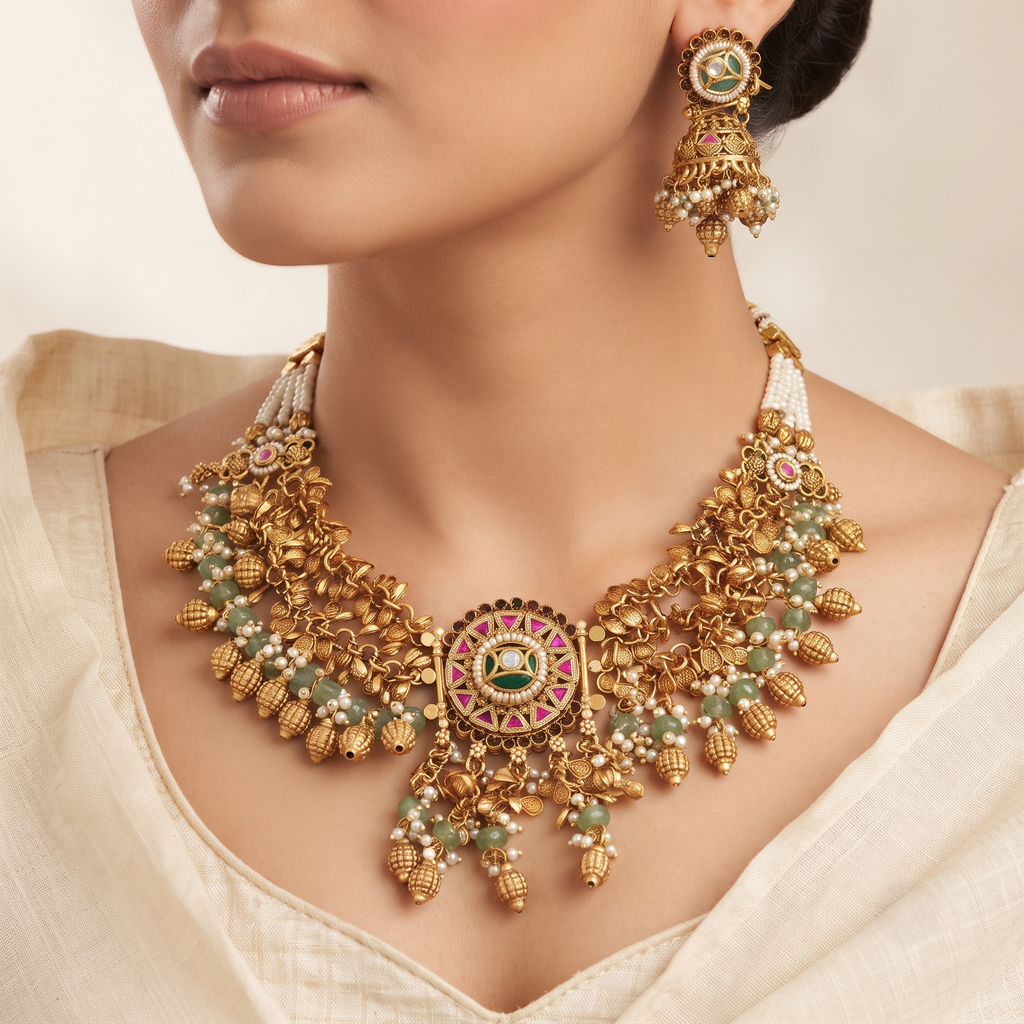 Traditional Gold-Plated Bead & Stone Necklace Set