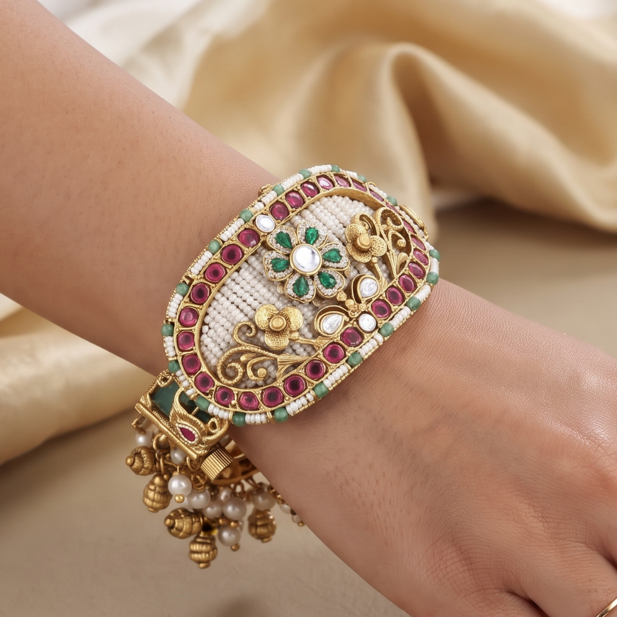 Bridal Gold-Plated Statement Bracelet with Pearls & Gemstones