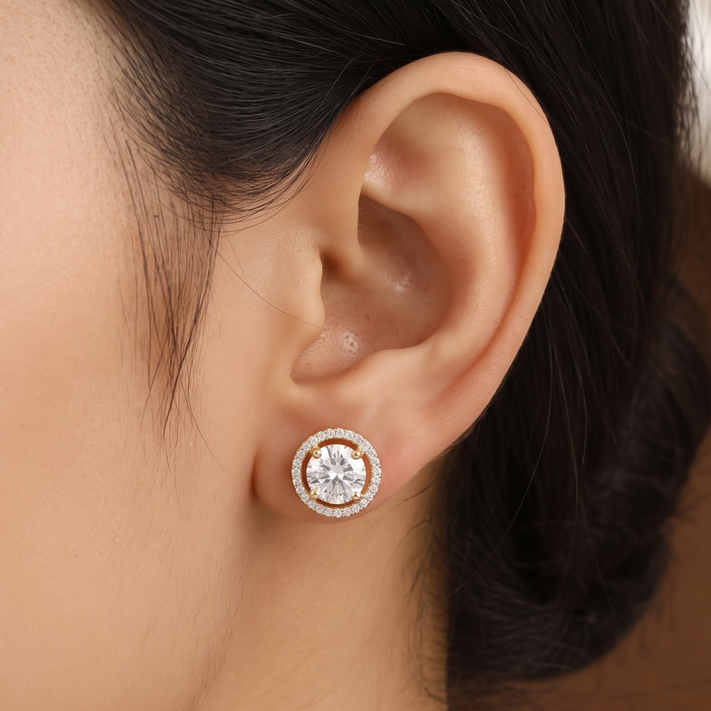 Gold Plated Solitaire Halo Stud Earrings