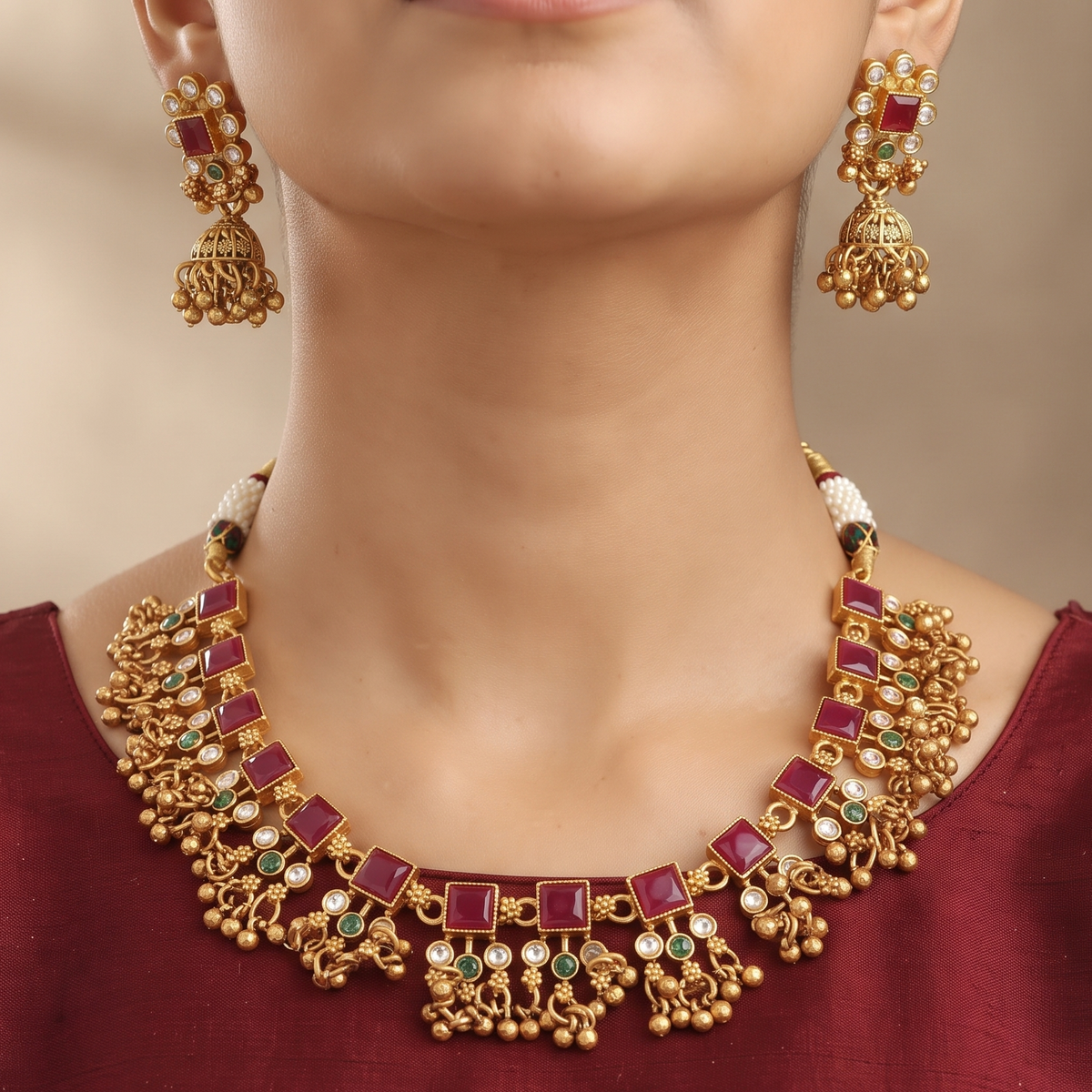 Traditional Gold-Plated Ruby Stone Choker Necklace Set
