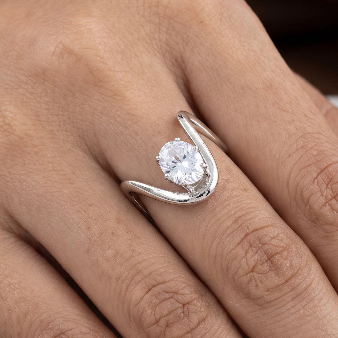 Silver Polished Oval Floating Diamond Wishbone Ring