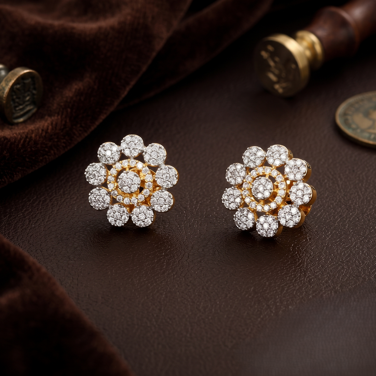 Gold Polished Multi-Petal Crystal Flower Studs