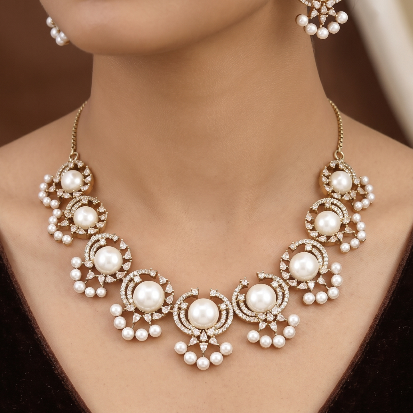 Mehndi Polished Pearl & American Diamond Necklace Set with Earrings