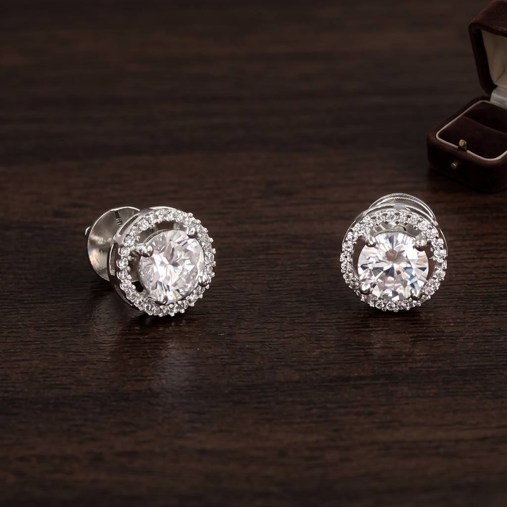 Silver Plated Solitaire Halo Stud Earrings