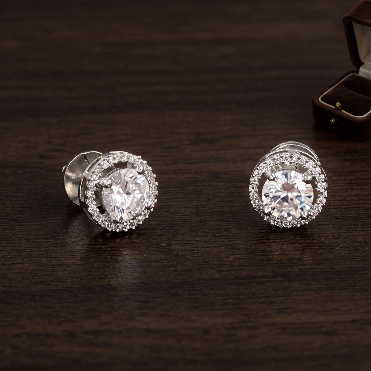 Silver Plated Solitaire Halo Stud Earrings