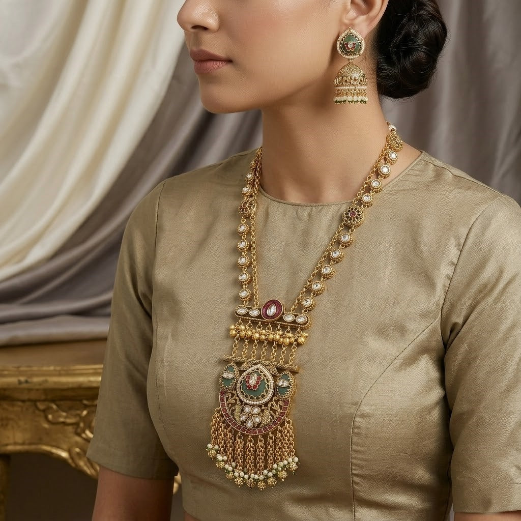 Grand Gold-Plated Meenakari & Jhumki Necklace Set