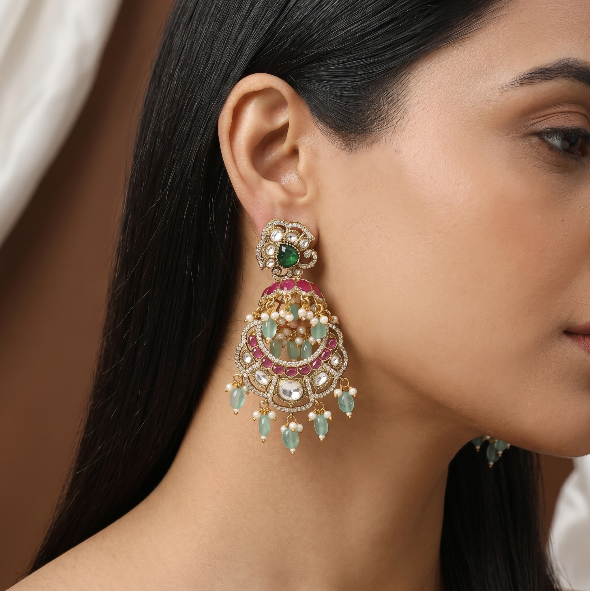 Handcrafted Kundan Polki Chandbali Earrings with Meenakari & Beads