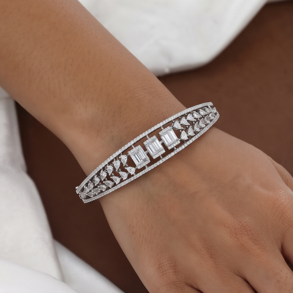 Baguette & Pear Stone Silver Finish Diamond Bangle Bracelet