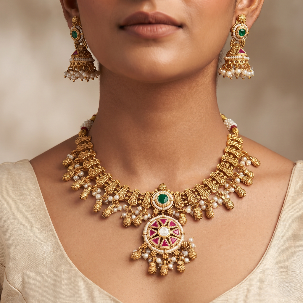 Traditional Gold-Plated Temple Stone Choker Necklace Set