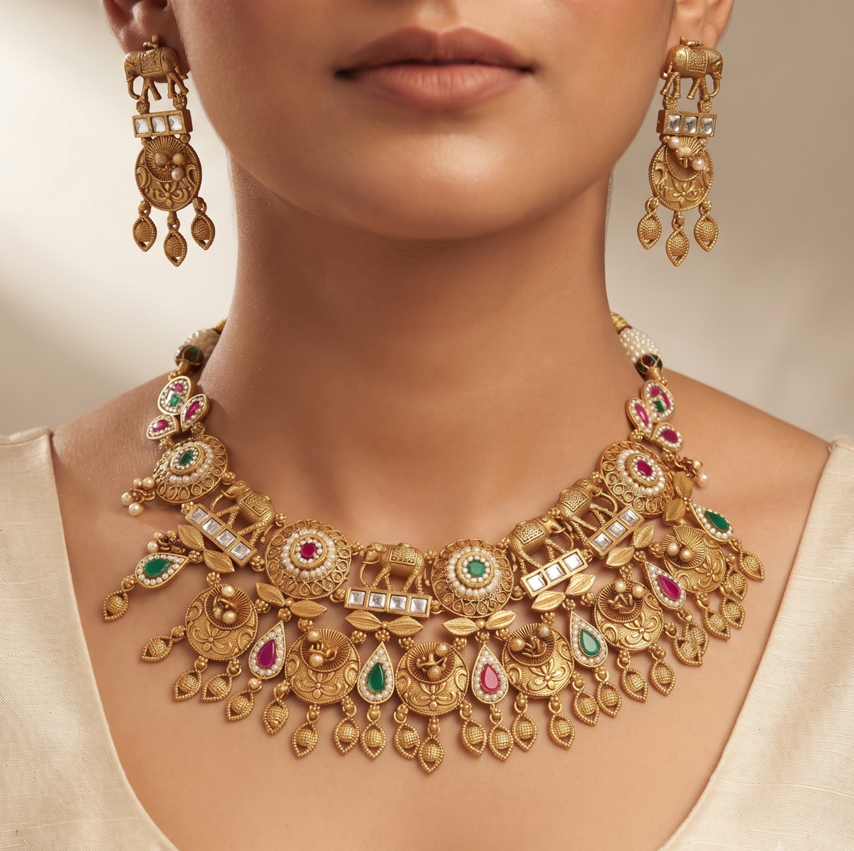 Traditional Gold-Plated Elephant & Floral Choker Set