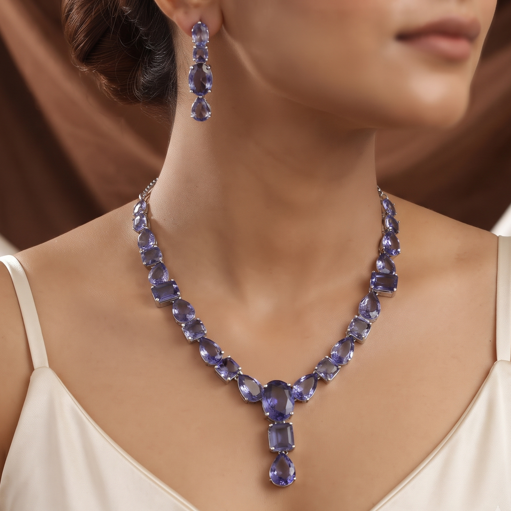 Radiant Purple Crystal Silver Diamond Necklace Set