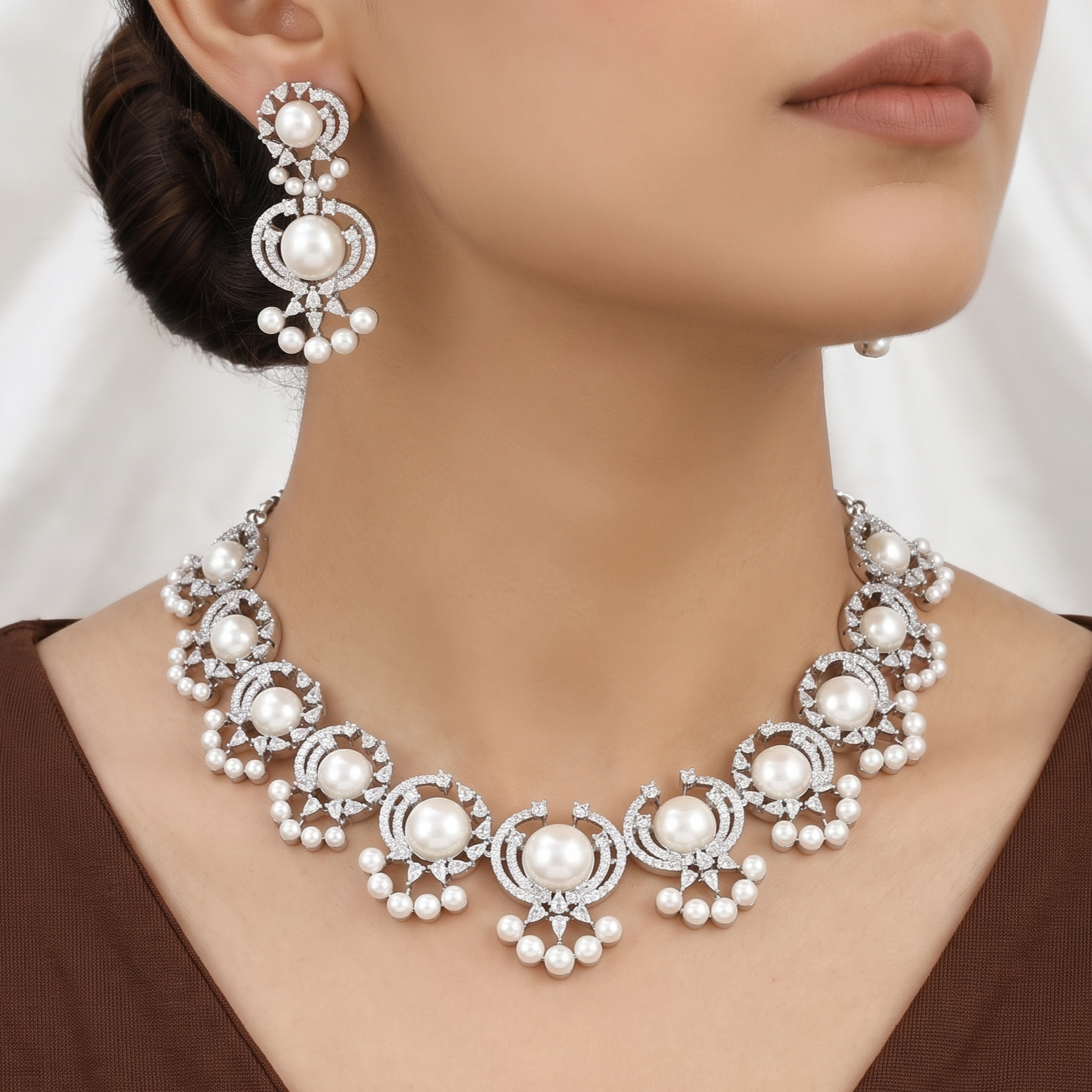Silver Polished Pearl & American Diamond Necklace Set with Earrings