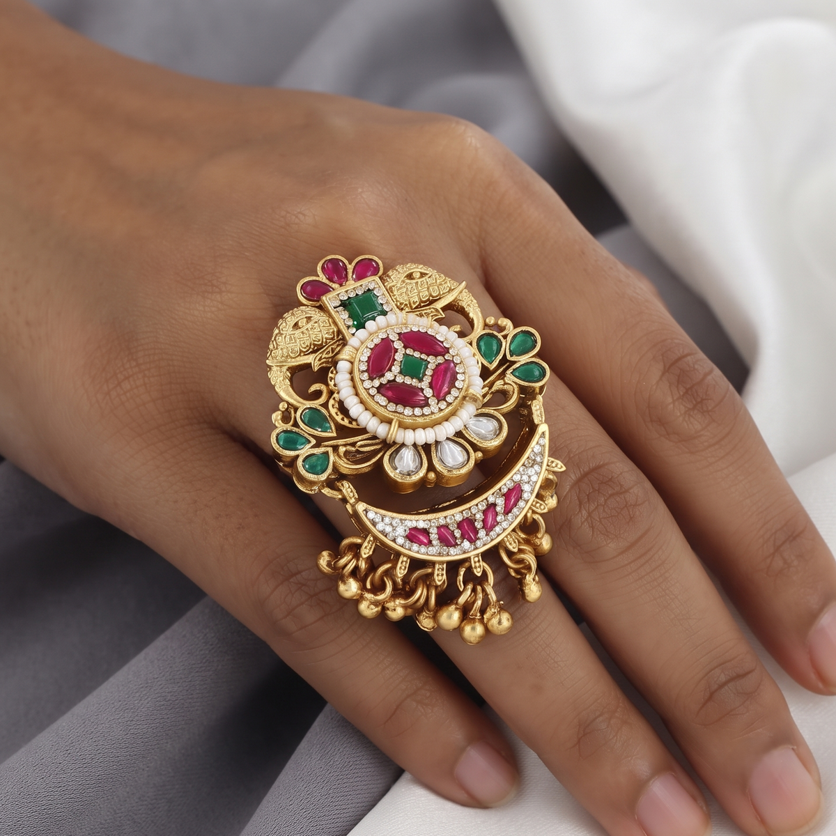 Antique Gold Peacock Statement Ring with Ruby, Emerald & Ghungroos