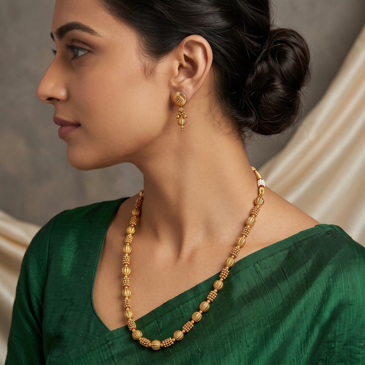 Classic Gold-Plated Beaded Long Mala Set with Earrings