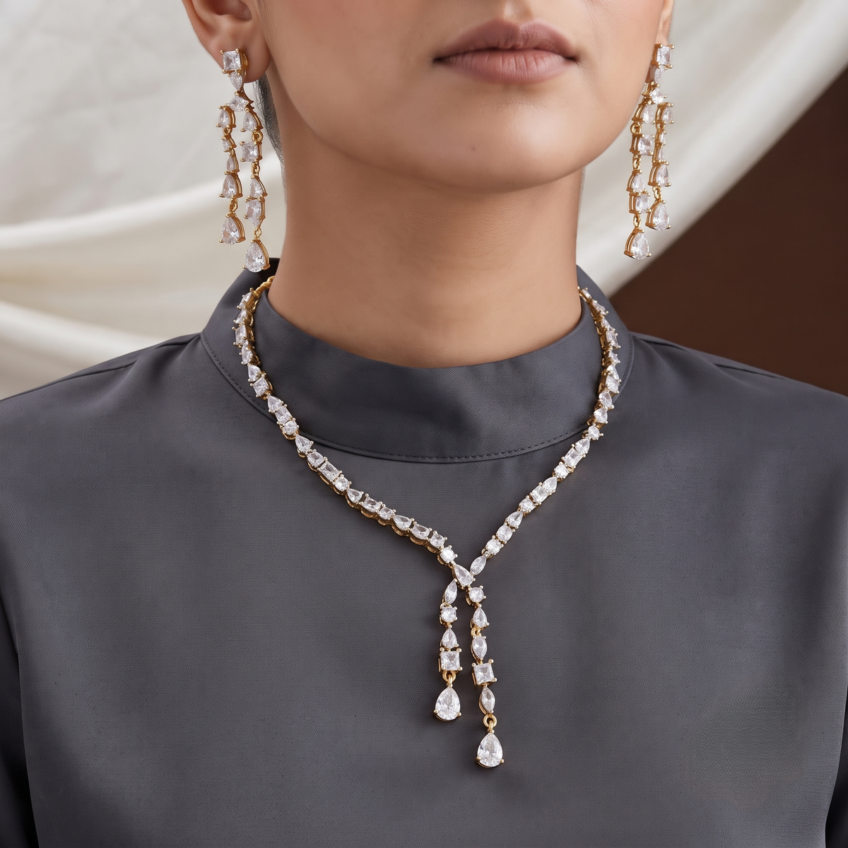 Gold Polished Dainty CZ Drop Necklace & Earring Set