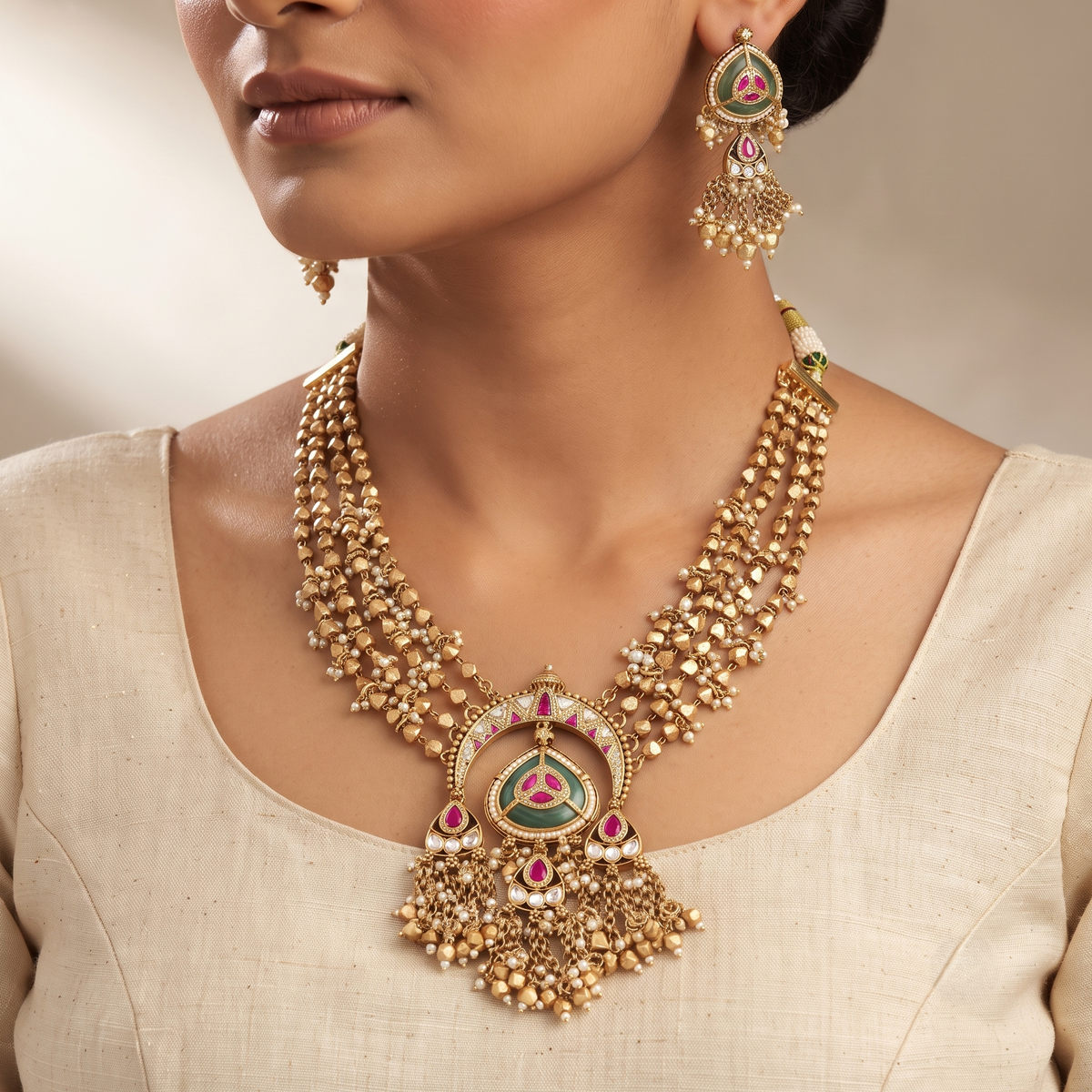 Traditional Gold-Plated Multi-Strand Enamel Medium Necklace Set