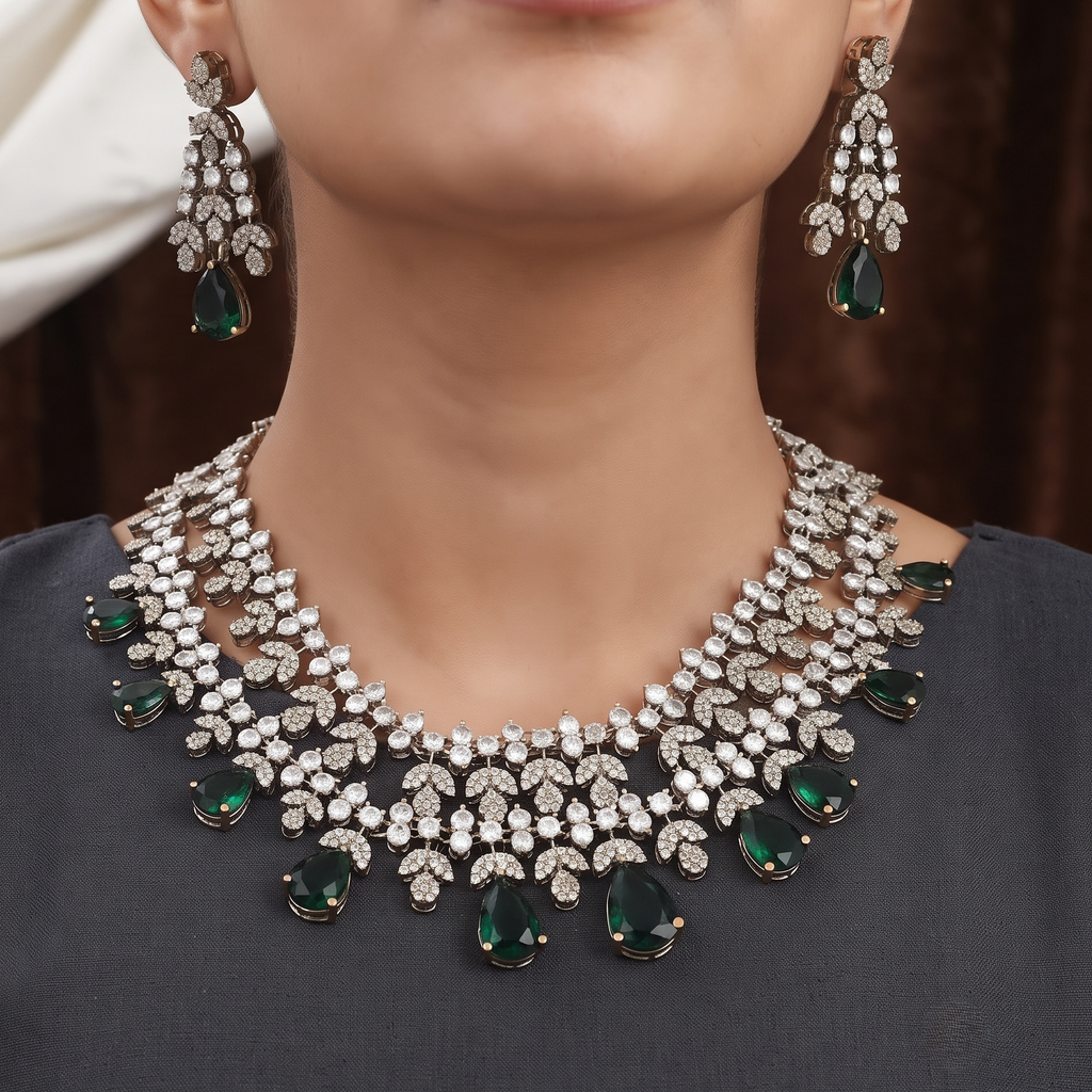 Sparkling Crystal & Emerald Drop Necklace Set