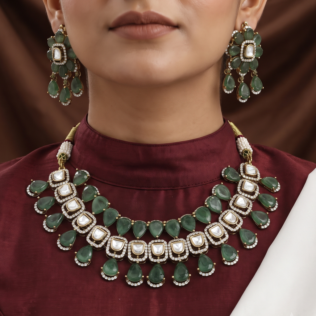 Polki & Emerald-Green Stone Statement Necklace Set