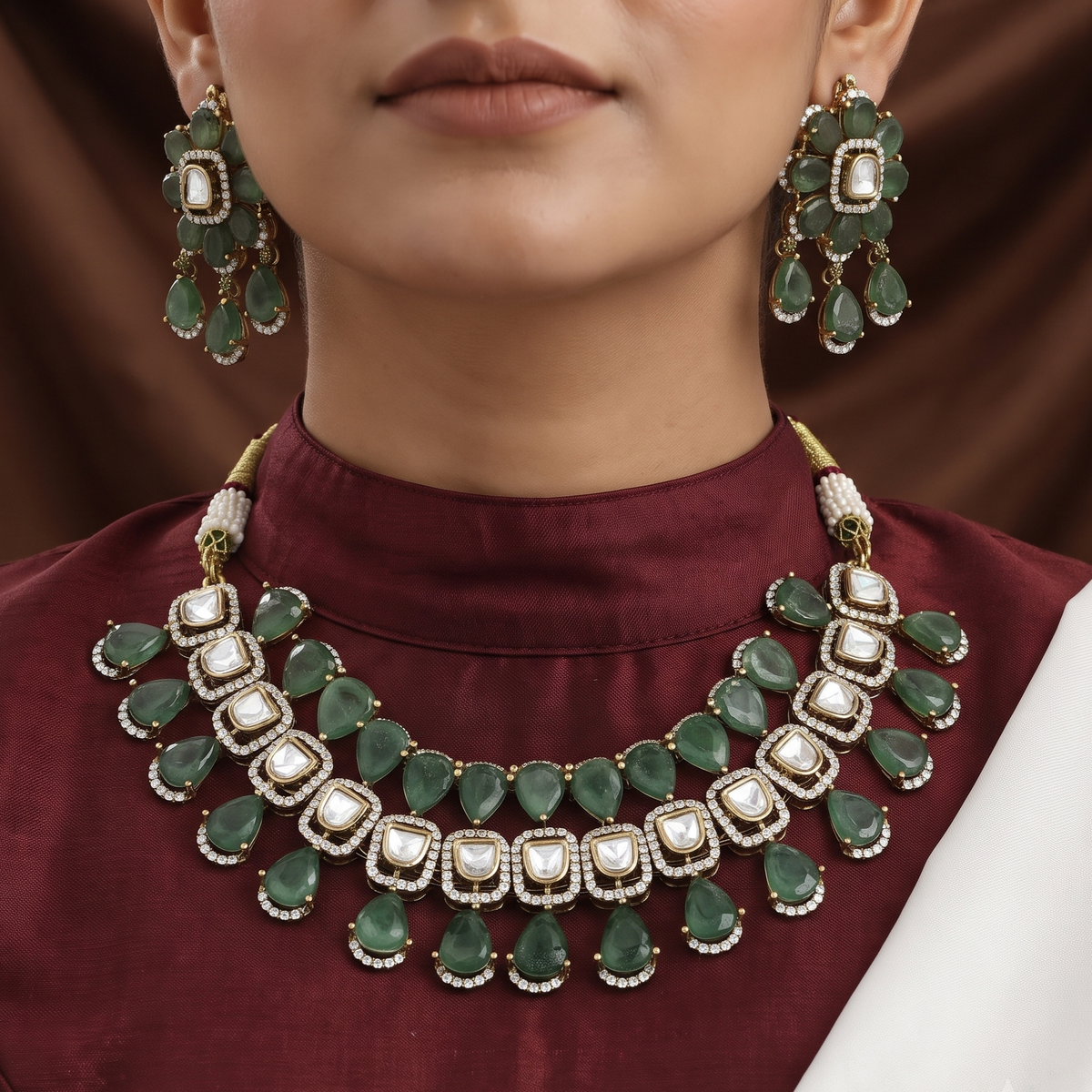Polki & Emerald-Green Stone Statement Necklace Set
