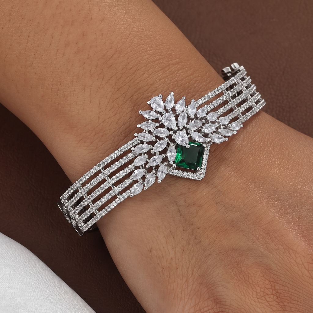 Silver Polished Royal Sapphire & Stone Bangle Bracelet