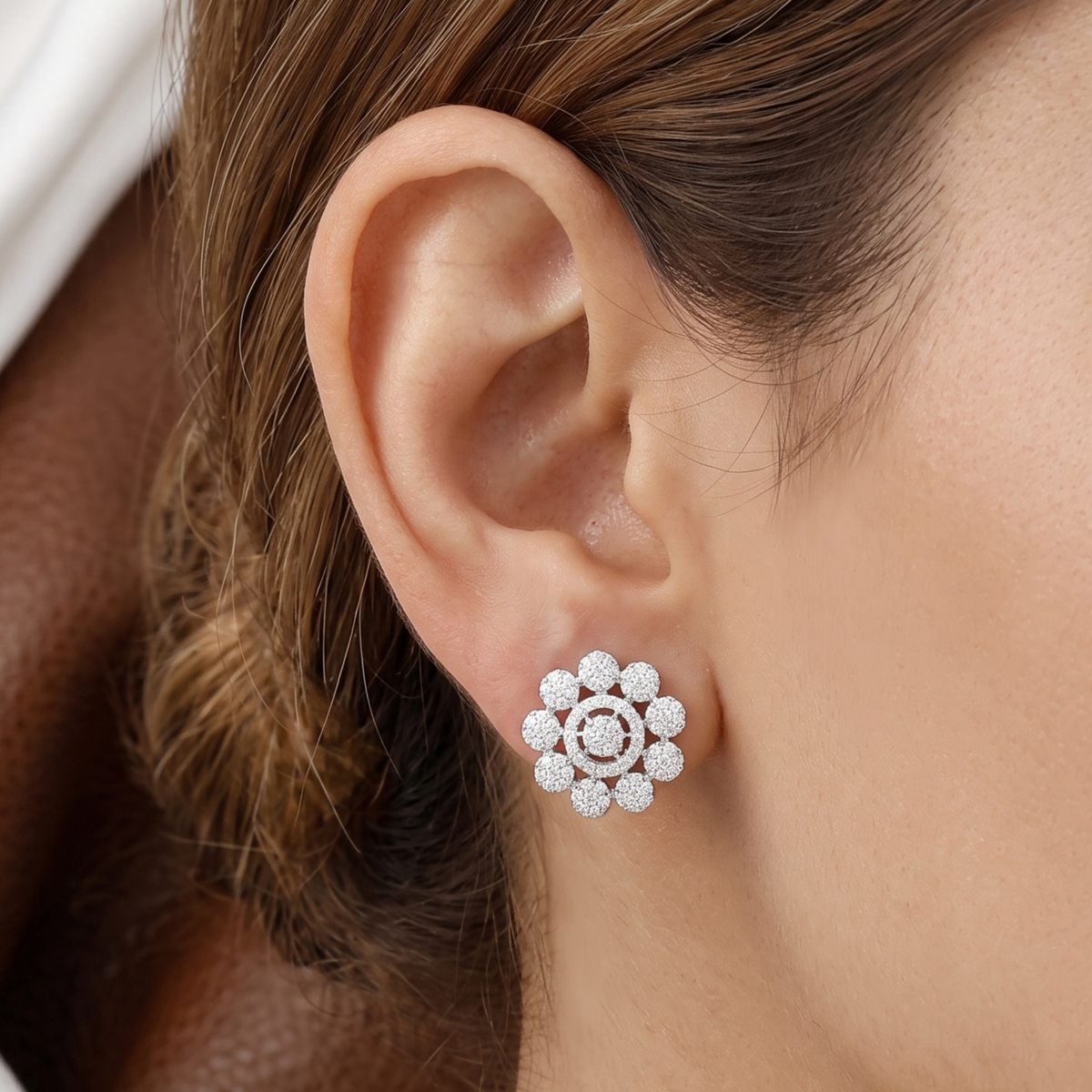 Silver Polished Multi-Petal Crystal Flower Studs