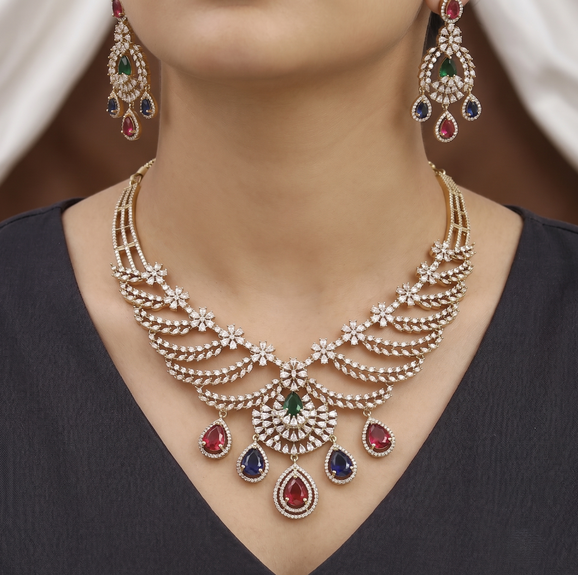 Multicolor CZ Diamond Necklace & Chandelier Earrings Set