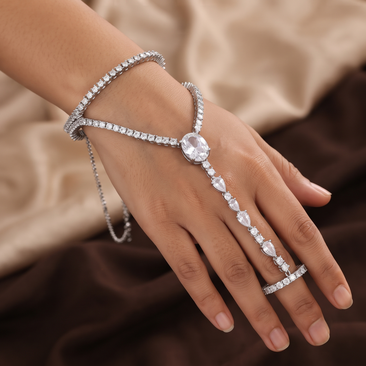 Silver-Plated CZ Oval & Pear Stone Haathphool