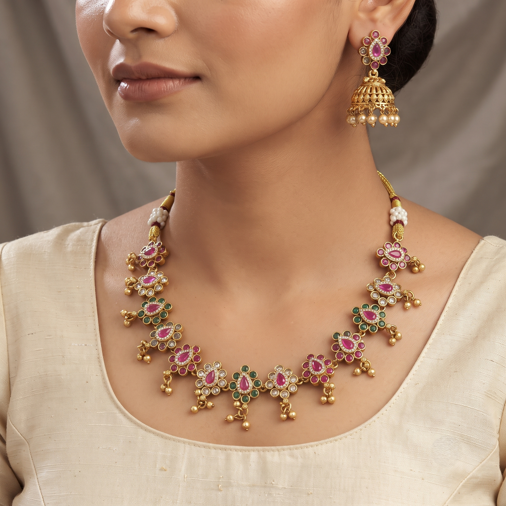 Traditional Gold-Plated Floral Stone Necklace & Jhumka Set