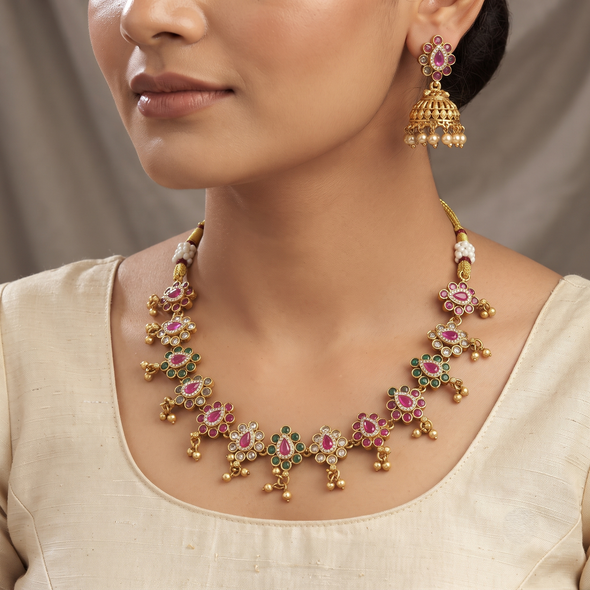 Traditional Gold-Plated Floral Stone Necklace & Jhumka Set
