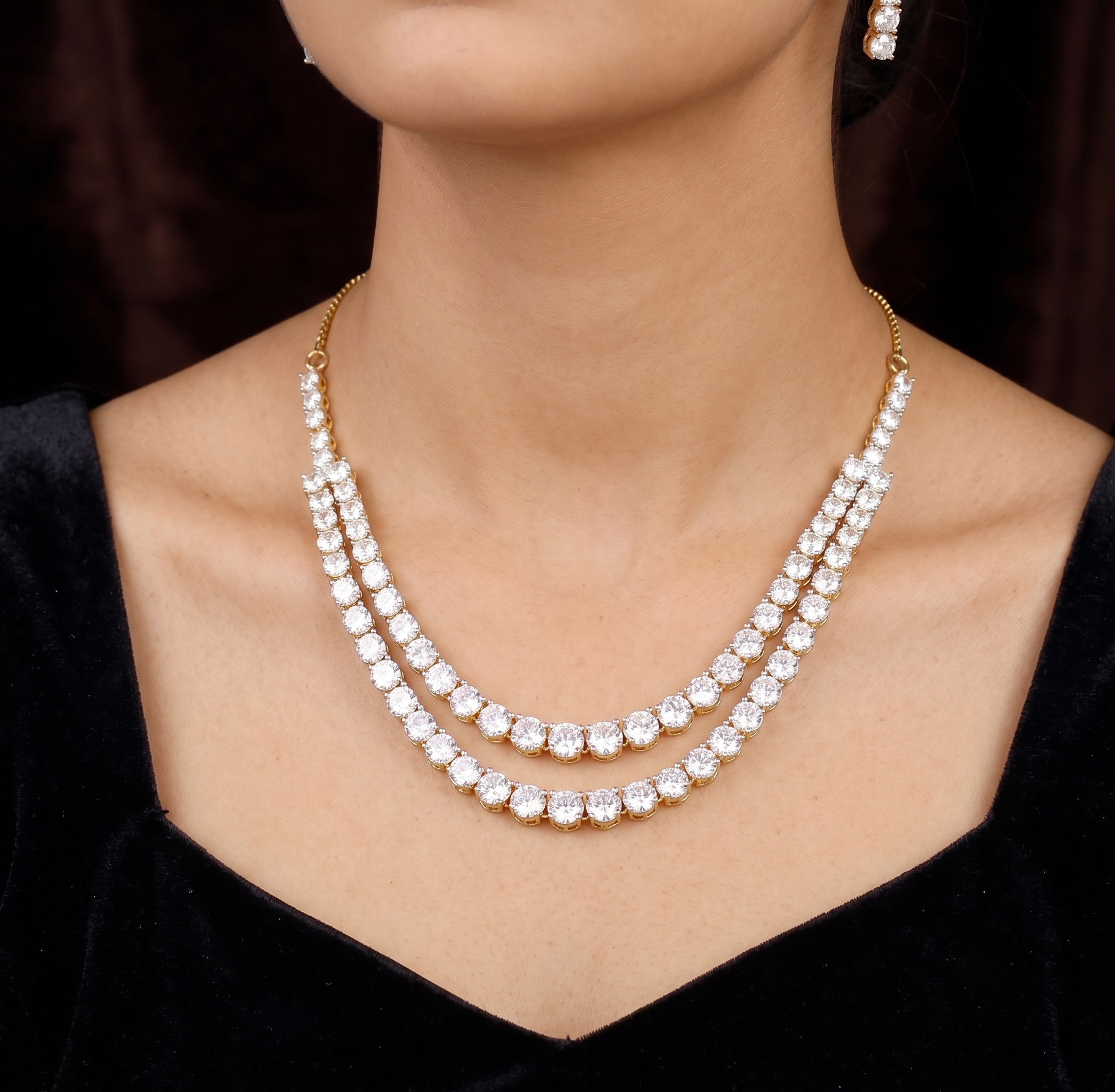 Double Layer American Diamond Necklace Set with Earrings