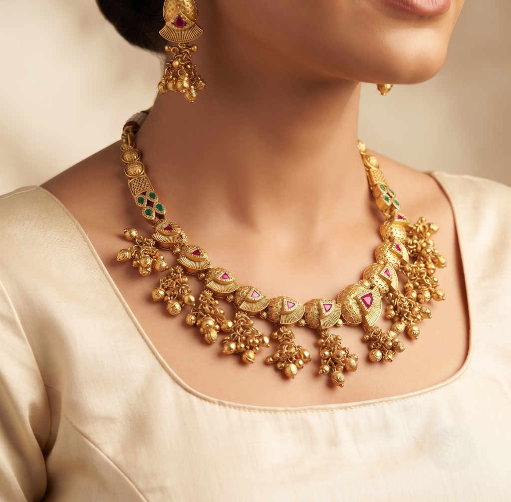 Traditional Gold-Plated Stone-Studded Heavy Choker Necklace Set