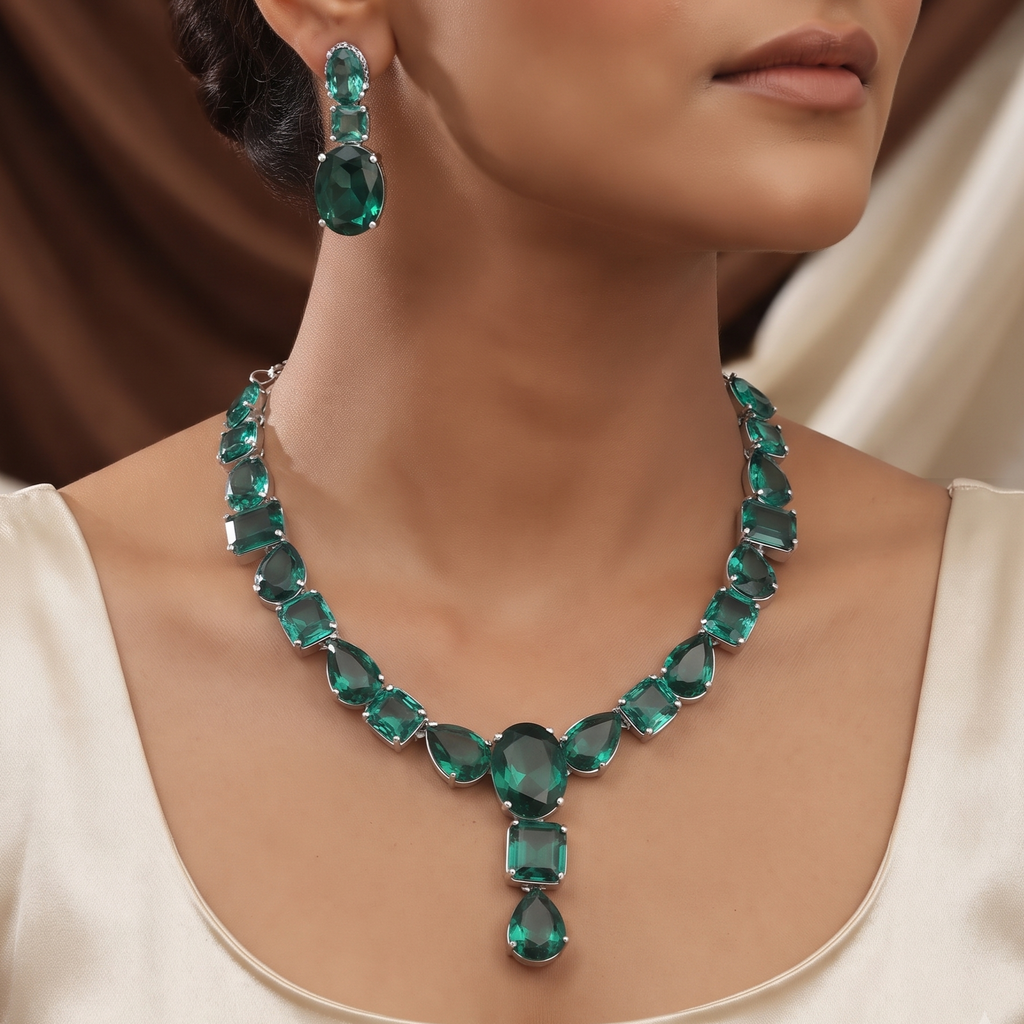 Teal Green Crystal Statement Necklace Set