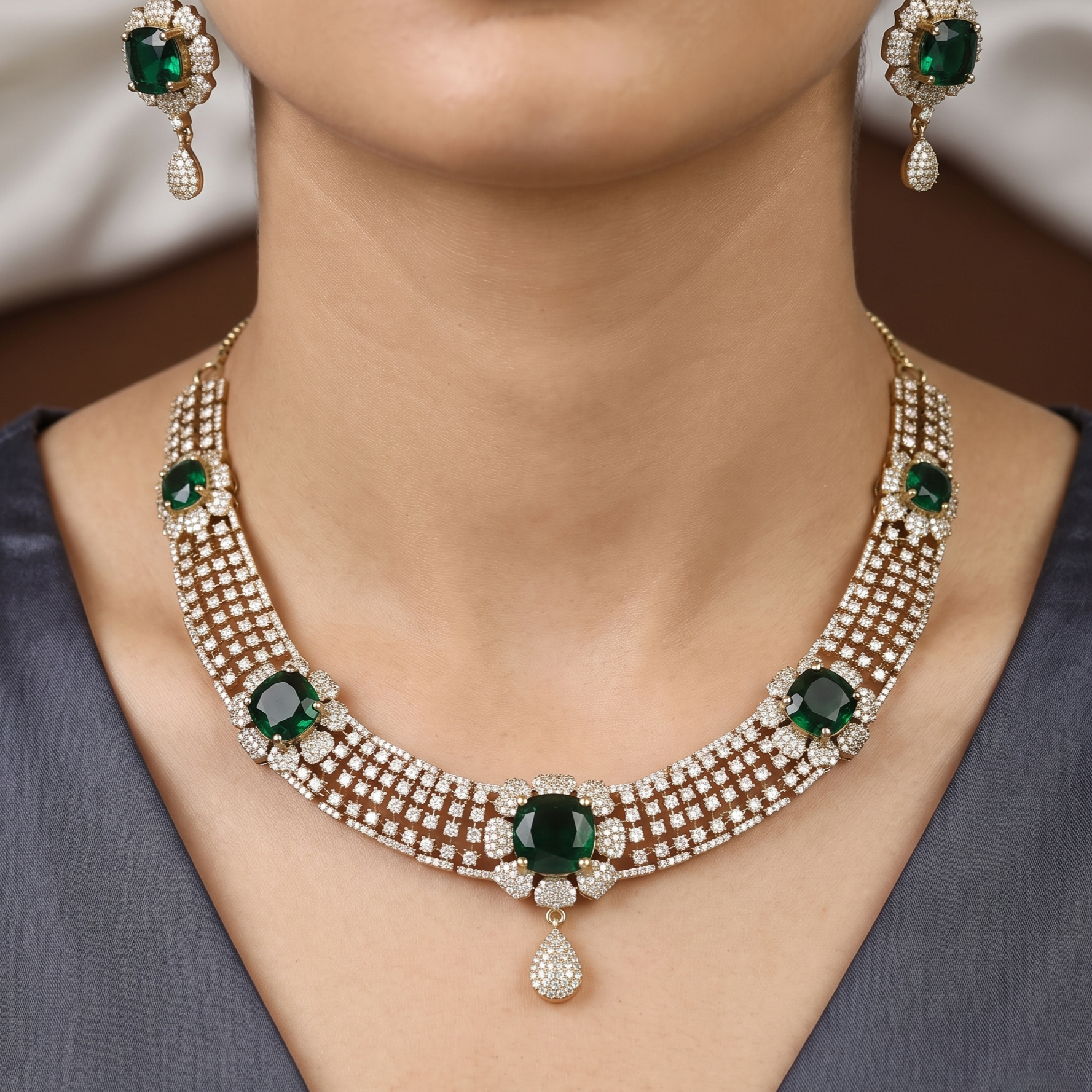 Luxurious Emerald Green & CZ Diamond Necklace Set
