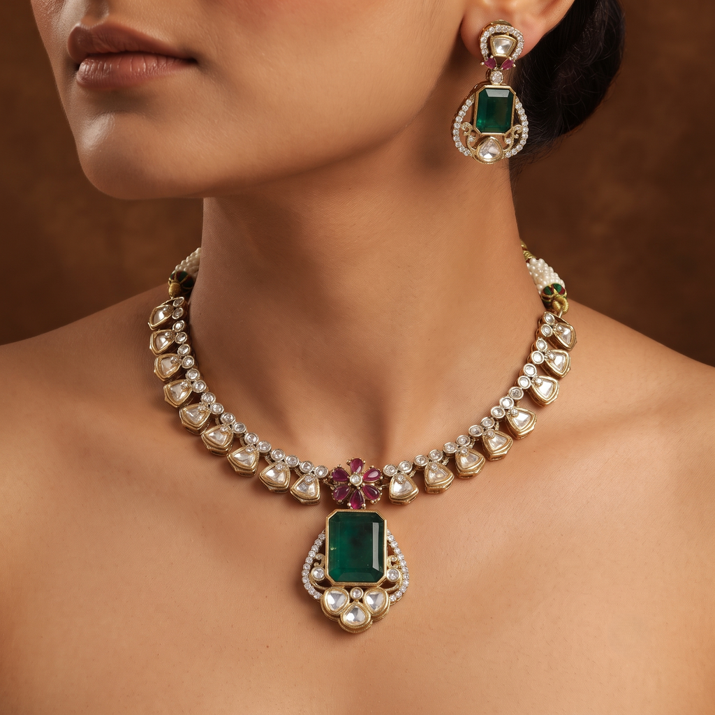 Polki & Emerald Gemstone Pendant Necklace Set