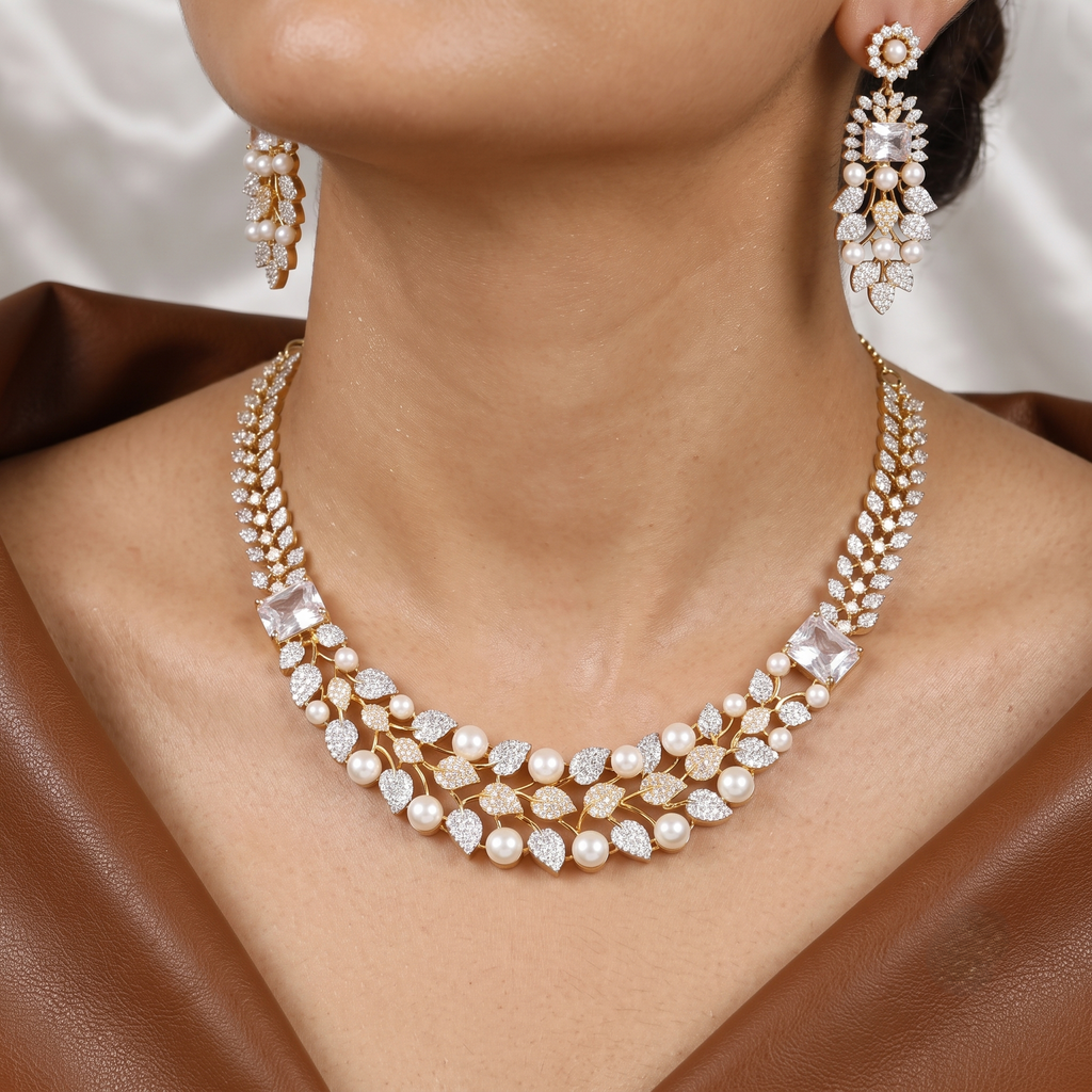 Gold-Plated CZ & Pearl Leaf Diamond Necklace Set