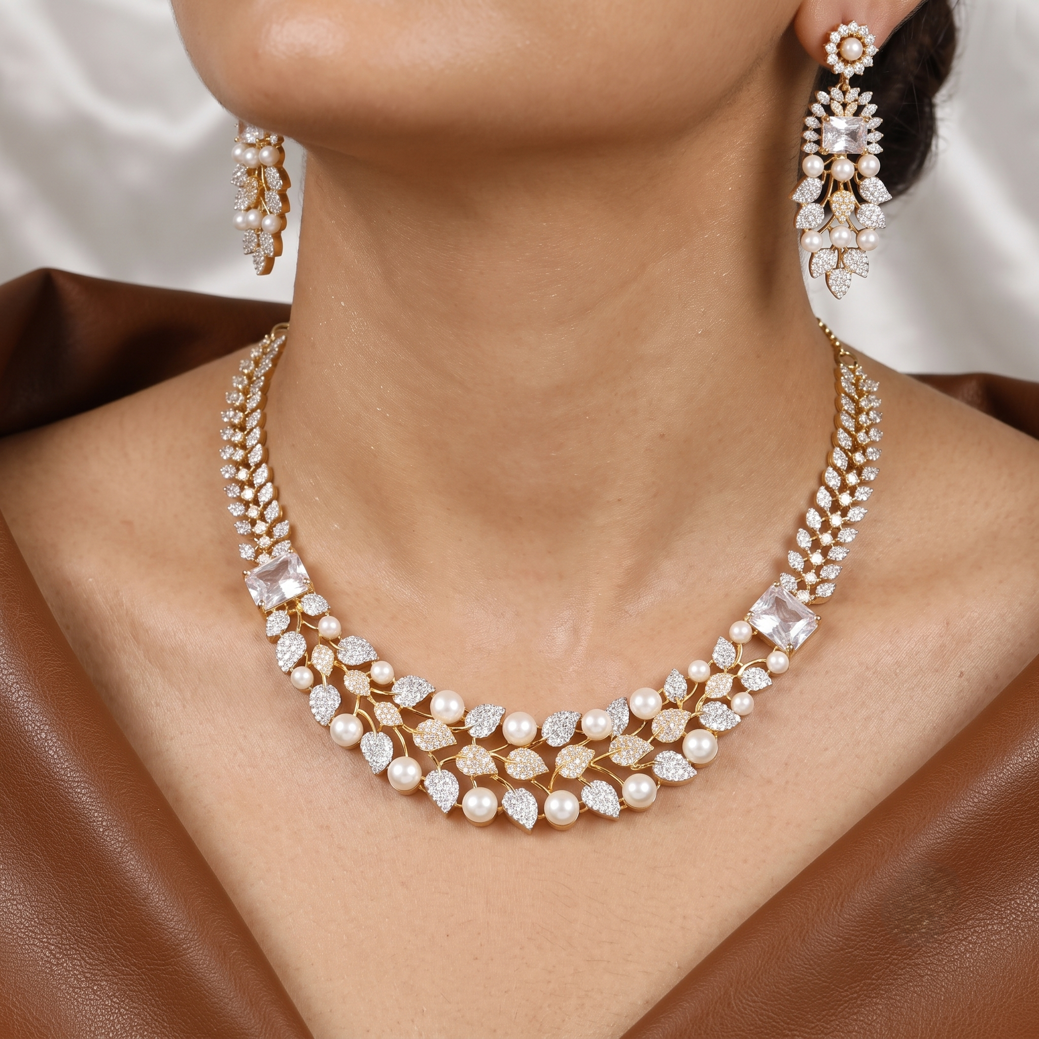 Gold-Plated CZ & Pearl Leaf Diamond Necklace Set