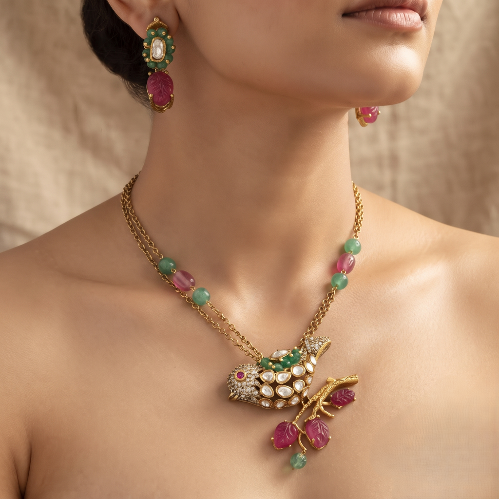 Traditional Gold-Plated Bird Pendant Vantara Necklace Set