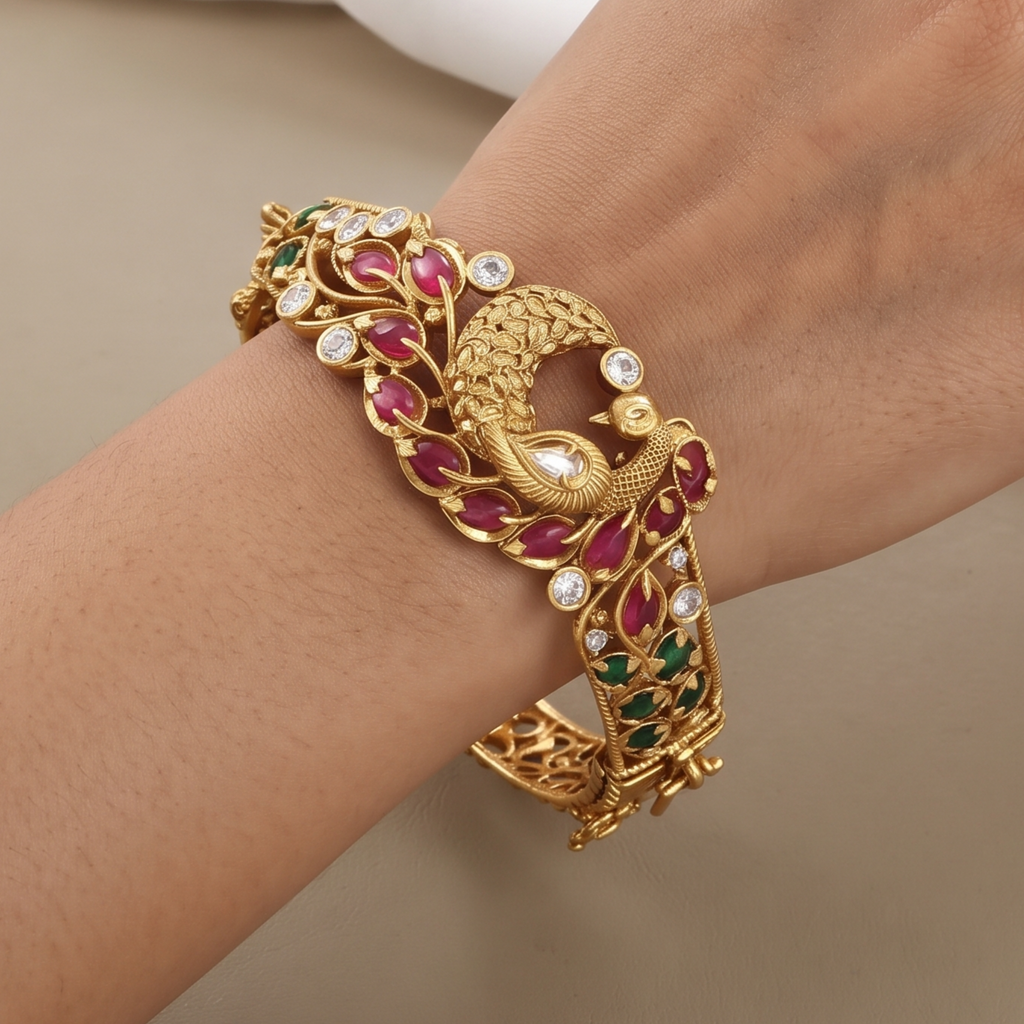 Designer Peacock Gold Bracelet with Ruby & Emerald