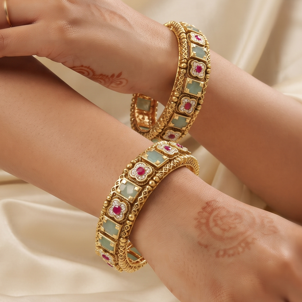 Mint Green & Ruby Stone Gold Bangles Patla Set
