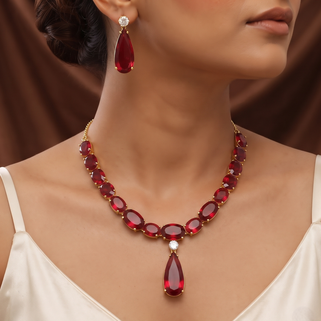 Emerald Red Crystal Gold Diamond Necklace Set