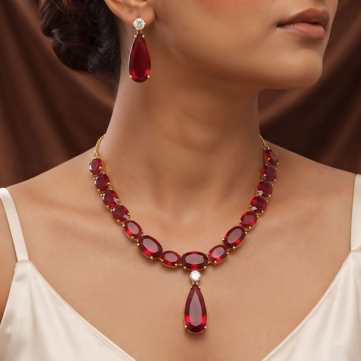 Emerald Red Crystal Gold Diamond Necklace Set