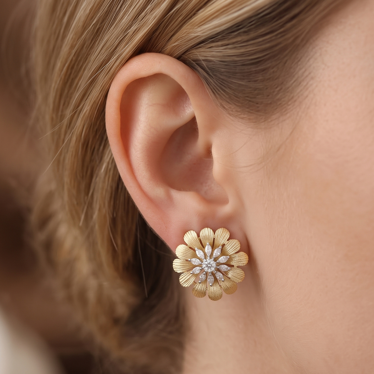 Textured Gold Floral Stud Earrings with Marquise CZ Diamonds
