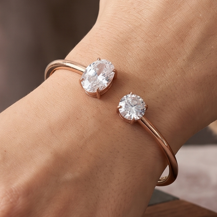 Two-Stone Diamond Open Cuff Bracelet in Rose Gold