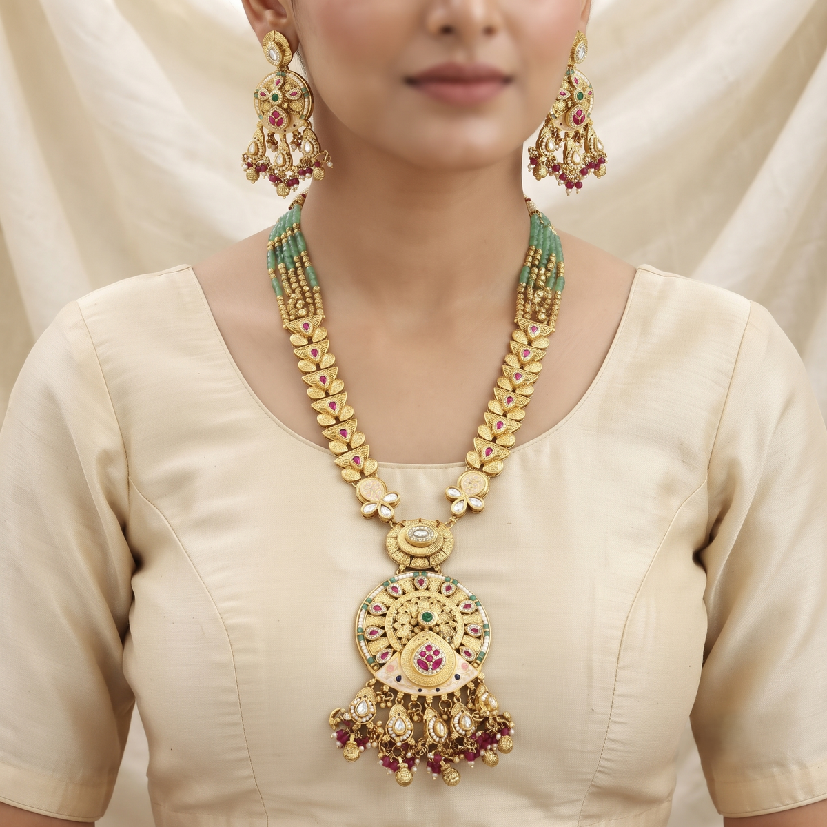 Traditional Gold-Plated Floral Long Wedding Necklace Set