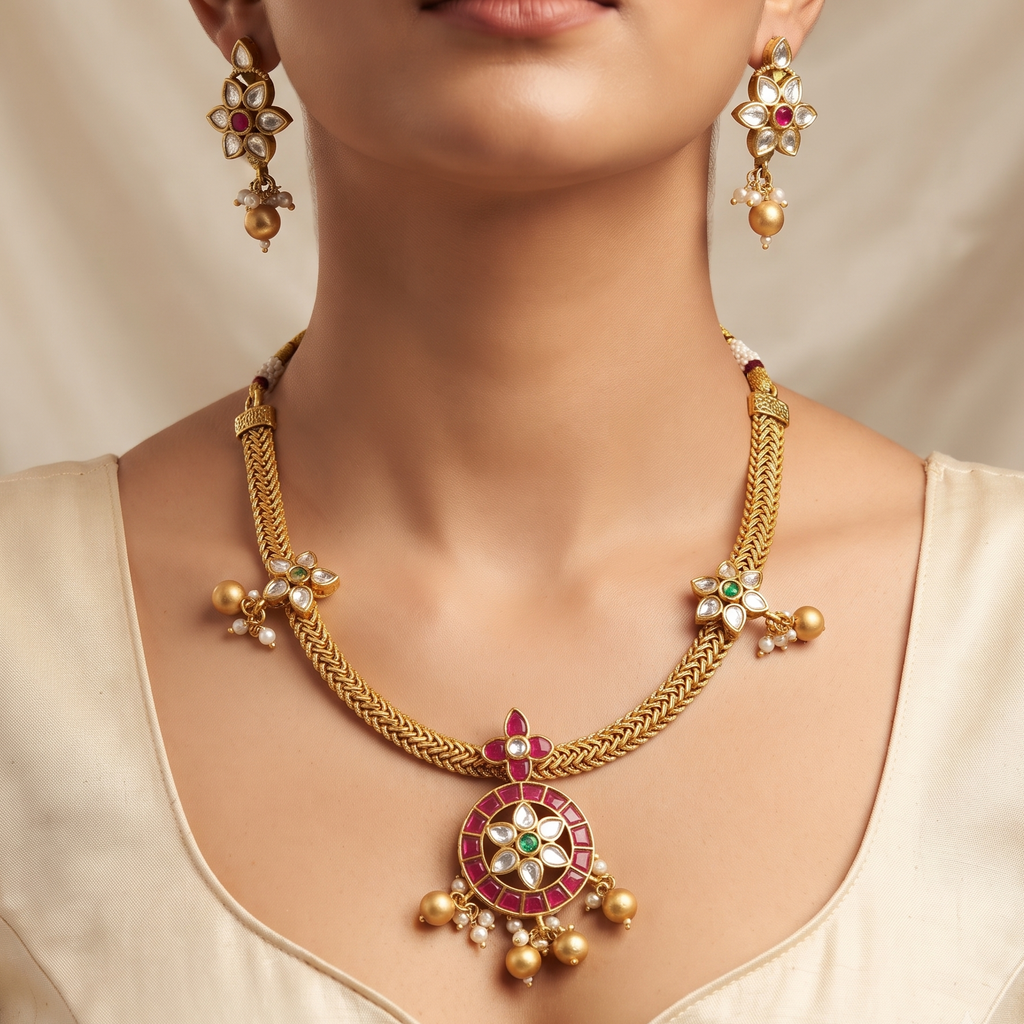 Traditional Gold-Plated Floral Stone Necklace Set
