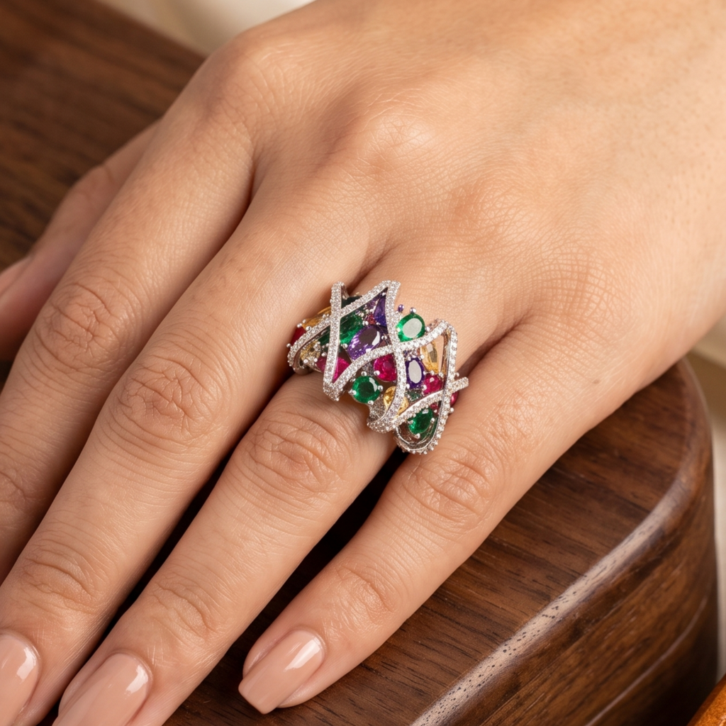 Multi-Gemstone Crisscross Cocktail Ring in Silver