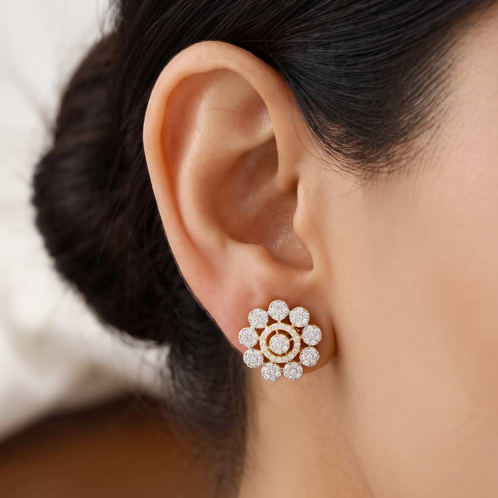 Gold Polished Multi-Petal Crystal Flower Studs